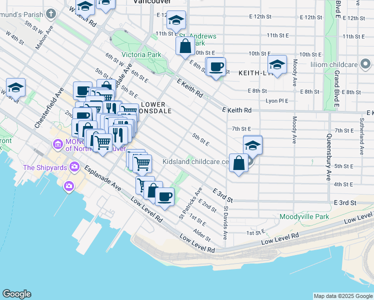 map of restaurants, bars, coffee shops, grocery stores, and more near in North Vancouver