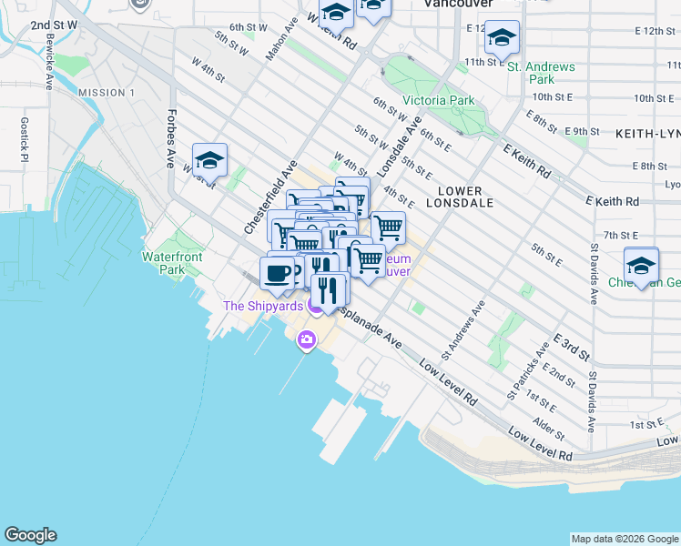 map of restaurants, bars, coffee shops, grocery stores, and more near in North Vancouver