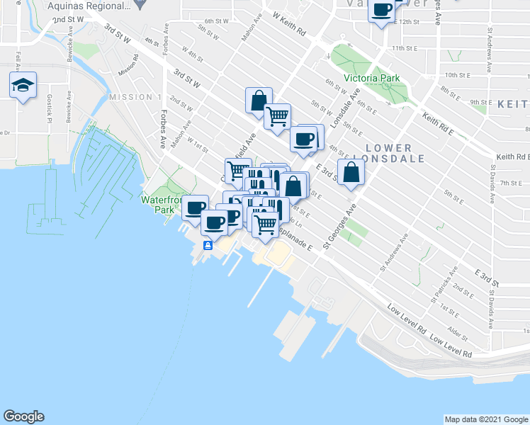 map of restaurants, bars, coffee shops, grocery stores, and more near 108 Esplanade West in North Vancouver