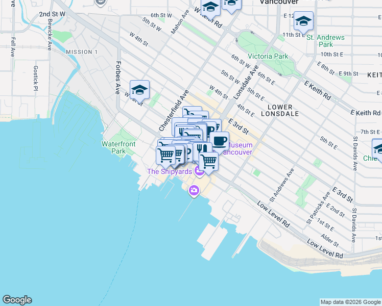 map of restaurants, bars, coffee shops, grocery stores, and more near 108 Esplanade West in North Vancouver