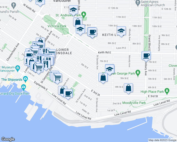 map of restaurants, bars, coffee shops, grocery stores, and more near 353 5th Street East in North Vancouver