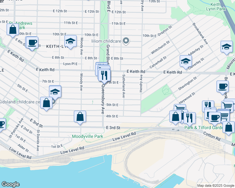 map of restaurants, bars, coffee shops, grocery stores, and more near in North Vancouver