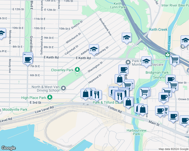 map of restaurants, bars, coffee shops, grocery stores, and more near 1126 Heywood Street in North Vancouver
