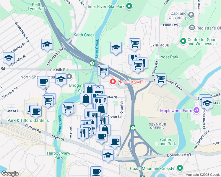 map of restaurants, bars, coffee shops, grocery stores, and more near 1550 Fern Street in North Vancouver