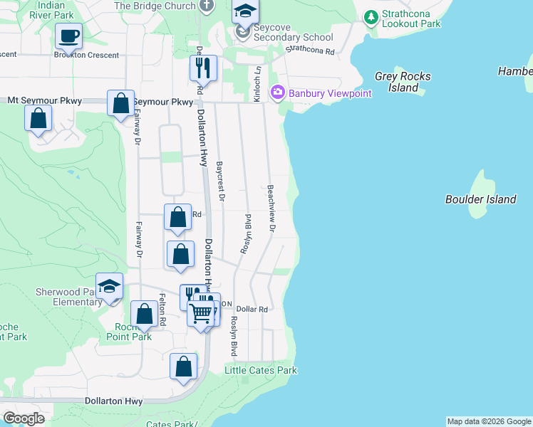 map of restaurants, bars, coffee shops, grocery stores, and more near 687 Beachview Drive in North Vancouver