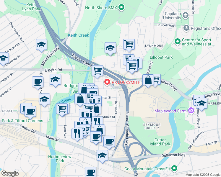 map of restaurants, bars, coffee shops, grocery stores, and more near 1707 Fern Street in North Vancouver