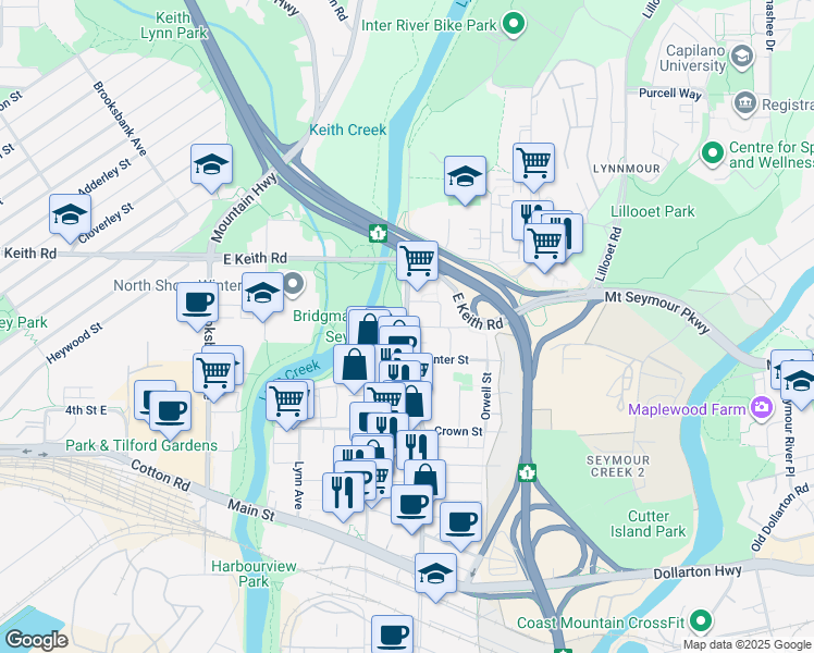 map of restaurants, bars, coffee shops, grocery stores, and more near 1500 Fern Street in North Vancouver