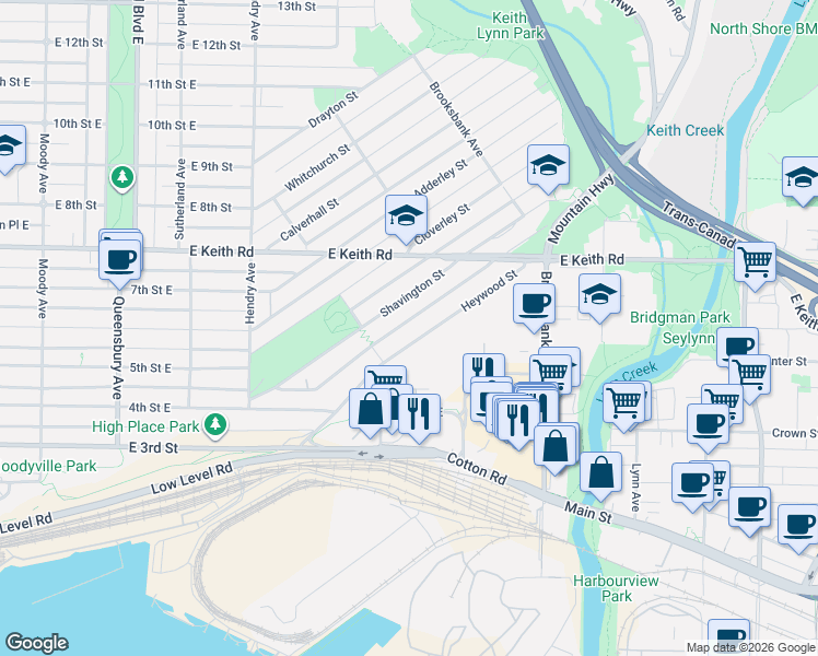 map of restaurants, bars, coffee shops, grocery stores, and more near 1126 Heywood Street in North Vancouver