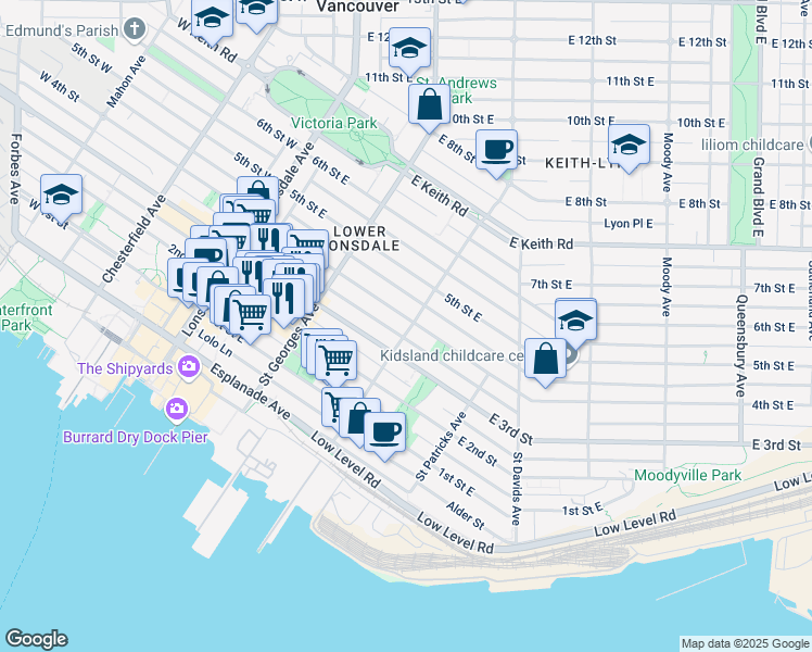 map of restaurants, bars, coffee shops, grocery stores, and more near 275 4th Street East in North Vancouver