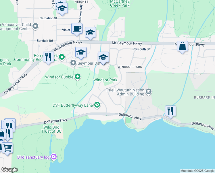 map of restaurants, bars, coffee shops, grocery stores, and more near 643 Plymouth Drive in North Vancouver