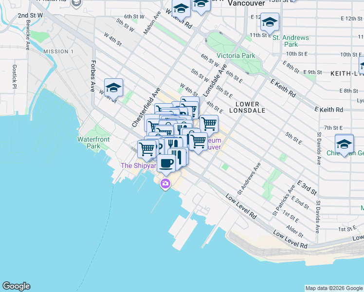 map of restaurants, bars, coffee shops, grocery stores, and more near 115 1st Street East in North Vancouver