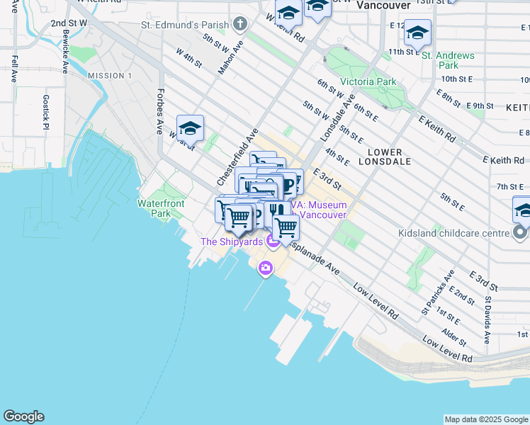 map of restaurants, bars, coffee shops, grocery stores, and more near in North Vancouver