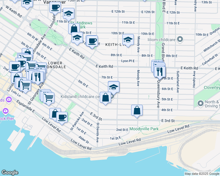 map of restaurants, bars, coffee shops, grocery stores, and more near in North Vancouver