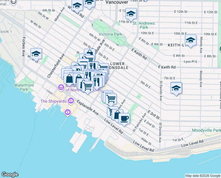 map of restaurants, bars, coffee shops, grocery stores, and more near 236 East 3rd Street in North Vancouver