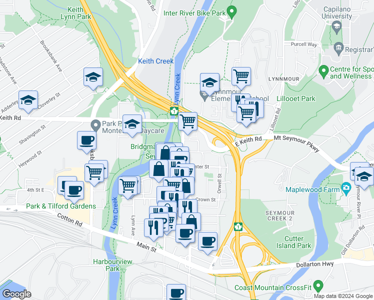 map of restaurants, bars, coffee shops, grocery stores, and more near 1500 Fern Street in North Vancouver