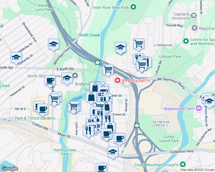 map of restaurants, bars, coffee shops, grocery stores, and more near in North Vancouver