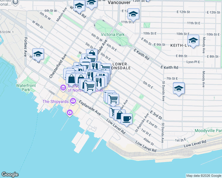 map of restaurants, bars, coffee shops, grocery stores, and more near 221 East 3rd Street in North Vancouver