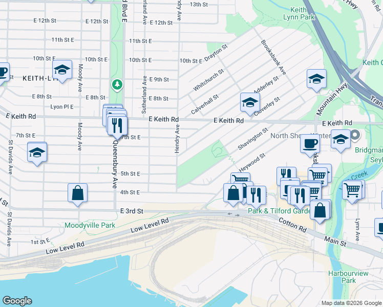 map of restaurants, bars, coffee shops, grocery stores, and more near 938 Cloverley Street in North Vancouver