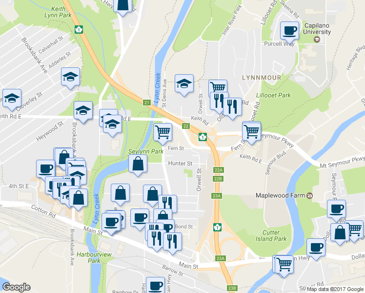 map of restaurants, bars, coffee shops, grocery stores, and more near in North Vancouver