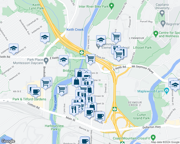 map of restaurants, bars, coffee shops, grocery stores, and more near in North Vancouver