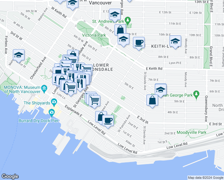 map of restaurants, bars, coffee shops, grocery stores, and more near 275 4th Street East in North Vancouver