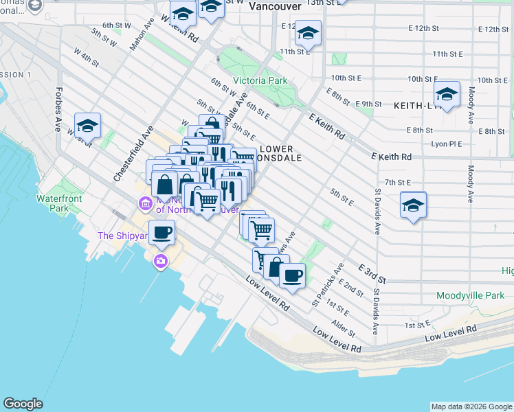map of restaurants, bars, coffee shops, grocery stores, and more near 221 East 3rd Street in North Vancouver