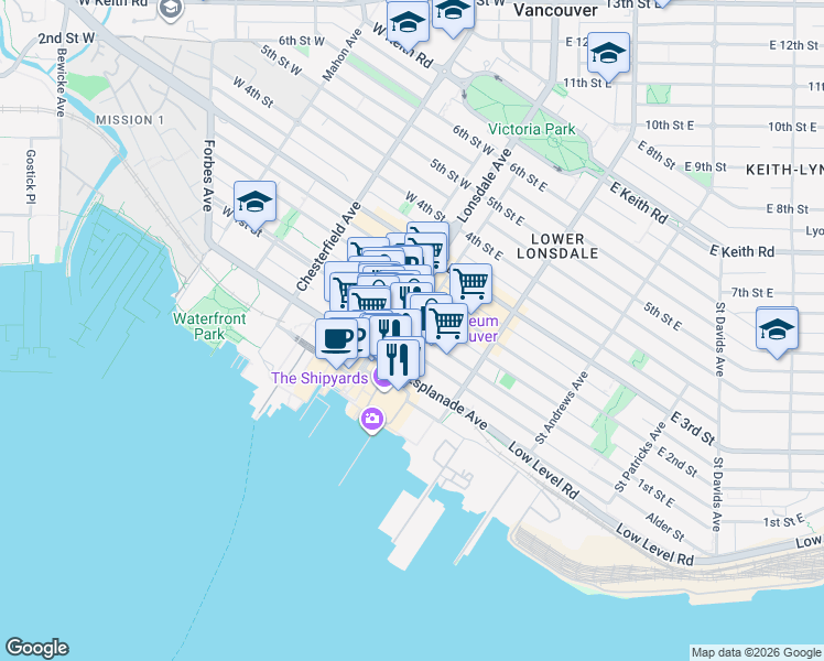 map of restaurants, bars, coffee shops, grocery stores, and more near 113 1st Street East in North Vancouver