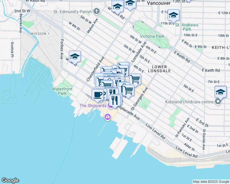 map of restaurants, bars, coffee shops, grocery stores, and more near 119 Lolo Lane in North Vancouver