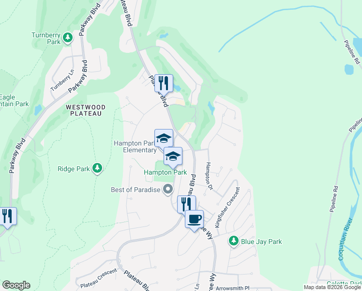map of restaurants, bars, coffee shops, grocery stores, and more near 3176 Plateau Boulevard in Coquitlam