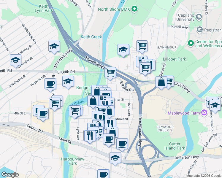 map of restaurants, bars, coffee shops, grocery stores, and more near 1500 Fern Street in North Vancouver