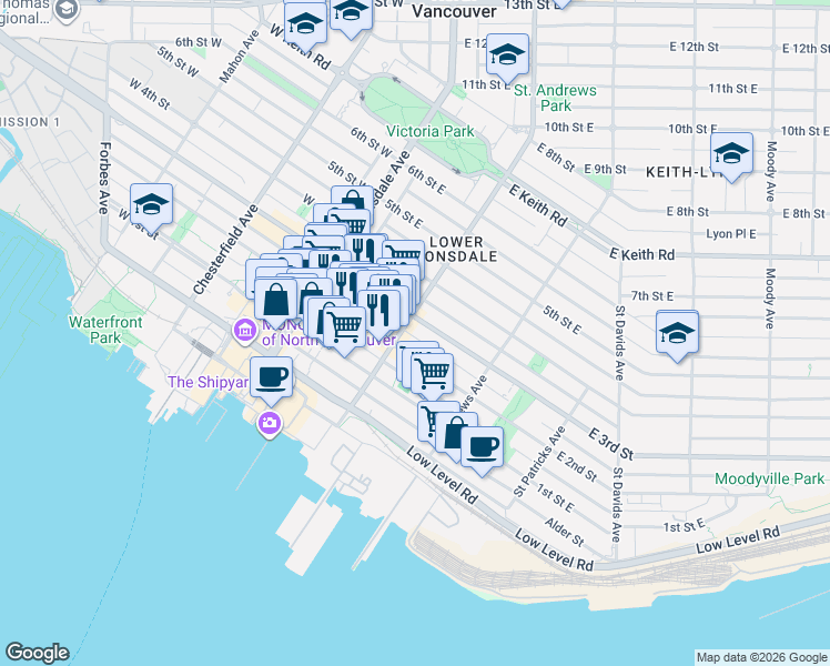 map of restaurants, bars, coffee shops, grocery stores, and more near 221 East 3rd Street in North Vancouver