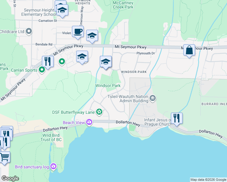 map of restaurants, bars, coffee shops, grocery stores, and more near 667 Plymouth Drive in North Vancouver