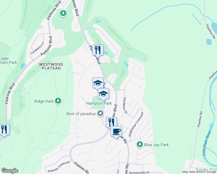 map of restaurants, bars, coffee shops, grocery stores, and more near 3176 Plateau Boulevard in Coquitlam