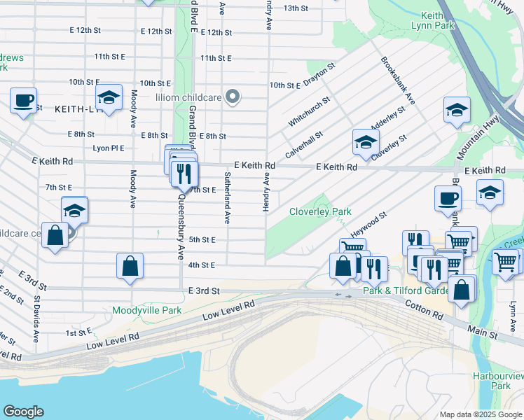 map of restaurants, bars, coffee shops, grocery stores, and more near 848 6th Street East in North Vancouver