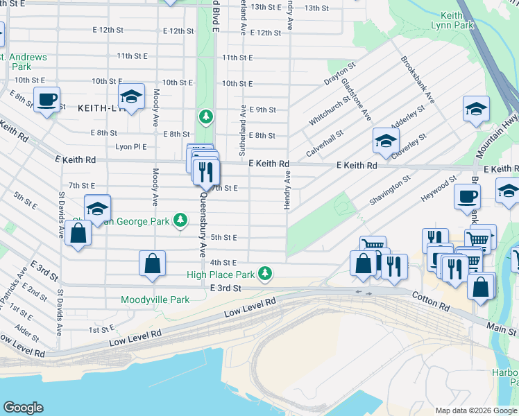 map of restaurants, bars, coffee shops, grocery stores, and more near in North Vancouver