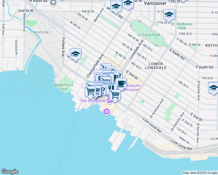map of restaurants, bars, coffee shops, grocery stores, and more near 73 Lonsdale Avenue in North Vancouver