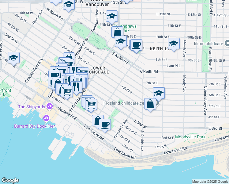 map of restaurants, bars, coffee shops, grocery stores, and more near 421 Saint Andrews Avenue in North Vancouver