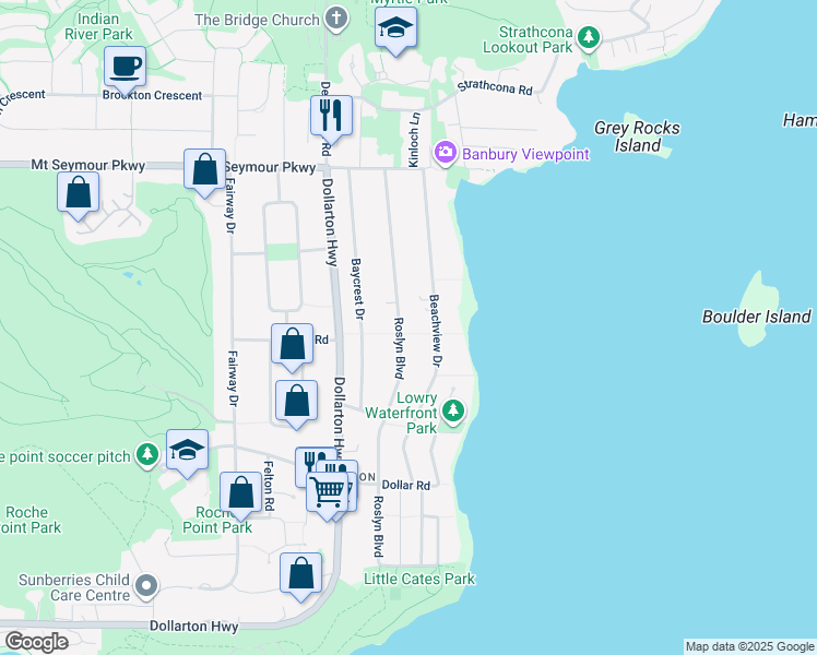 map of restaurants, bars, coffee shops, grocery stores, and more near 706 Roslyn Boulevard in North Vancouver
