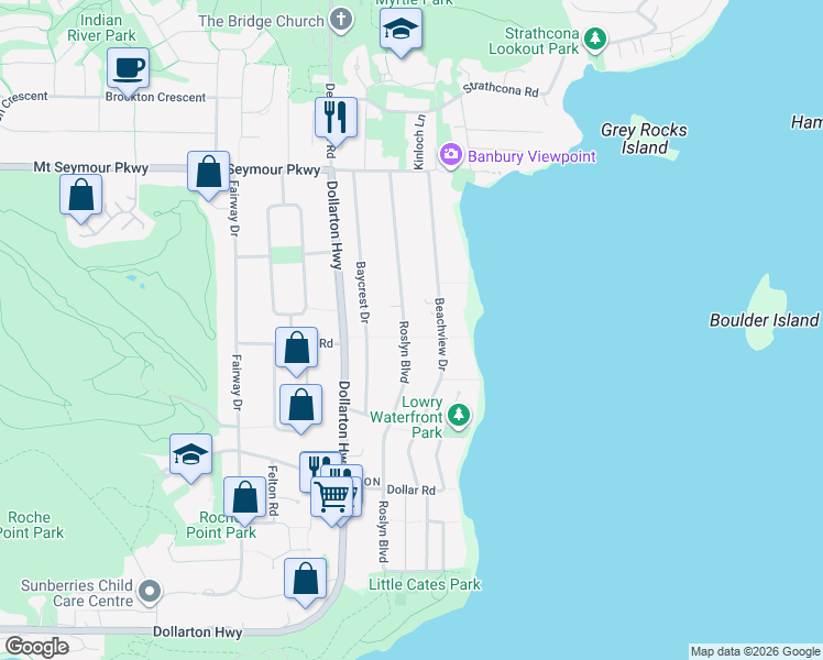 map of restaurants, bars, coffee shops, grocery stores, and more near 706 Roslyn Boulevard in North Vancouver