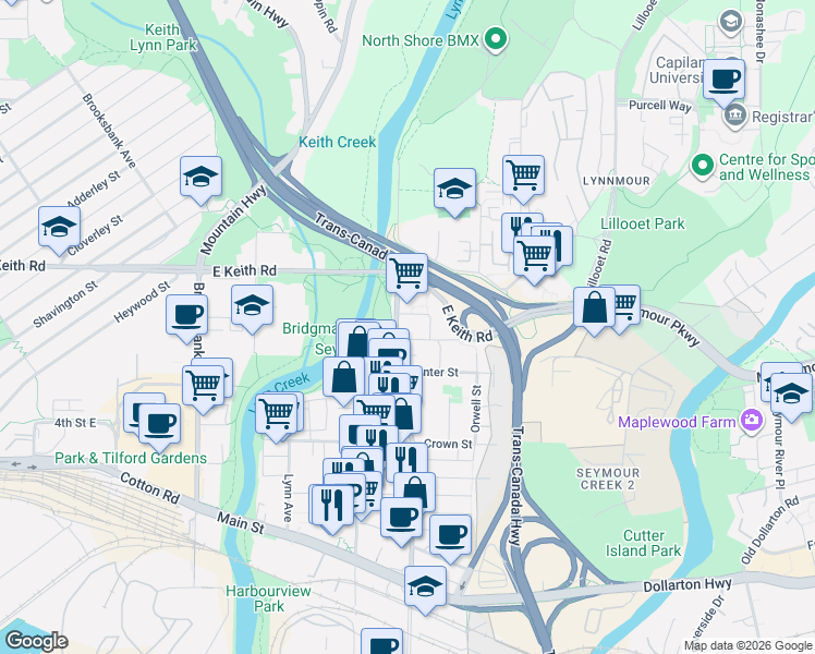 map of restaurants, bars, coffee shops, grocery stores, and more near 1500 Fern Street in North Vancouver