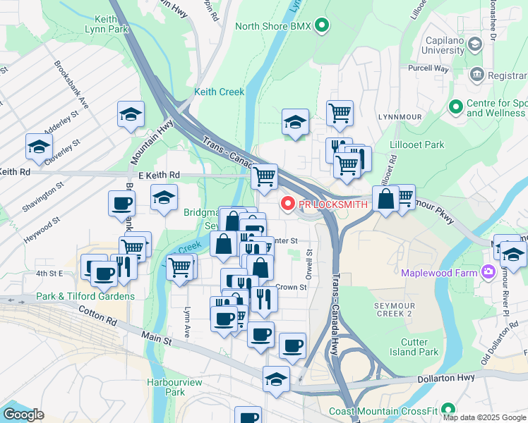 map of restaurants, bars, coffee shops, grocery stores, and more near 1505 Fern Street in North Vancouver