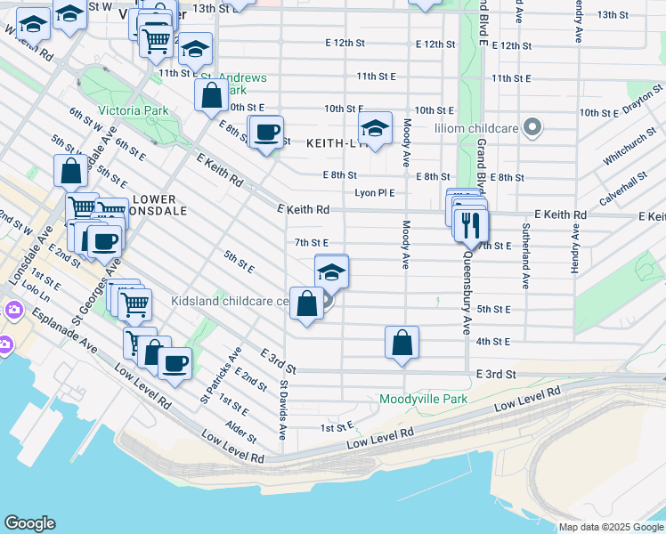 map of restaurants, bars, coffee shops, grocery stores, and more near in North Vancouver