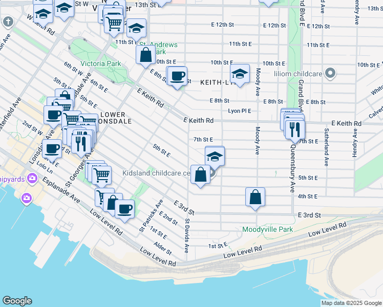 map of restaurants, bars, coffee shops, grocery stores, and more near 400 7th Street East in North Vancouver
