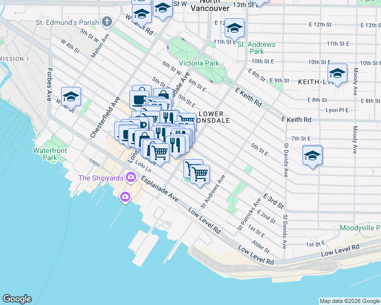 map of restaurants, bars, coffee shops, grocery stores, and more near 211 East 3rd Street in North Vancouver