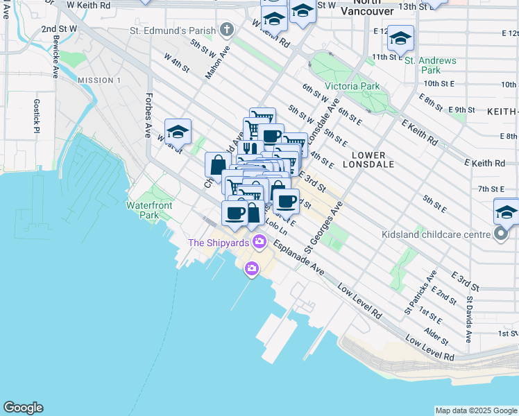 map of restaurants, bars, coffee shops, grocery stores, and more near 107 West 1st Street in North Vancouver