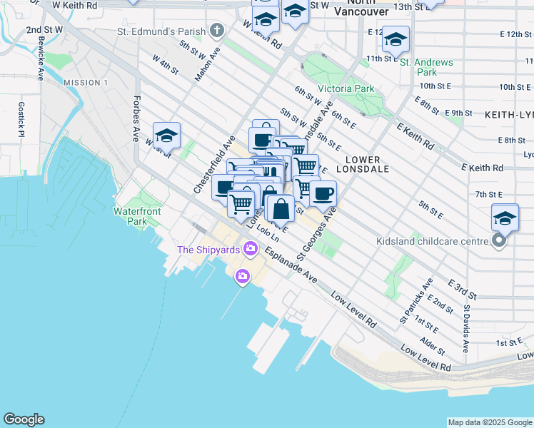 map of restaurants, bars, coffee shops, grocery stores, and more near 112 1st Street East in North Vancouver