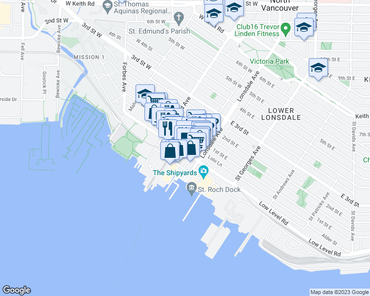 map of restaurants, bars, coffee shops, grocery stores, and more near Esplanade in North Vancouver