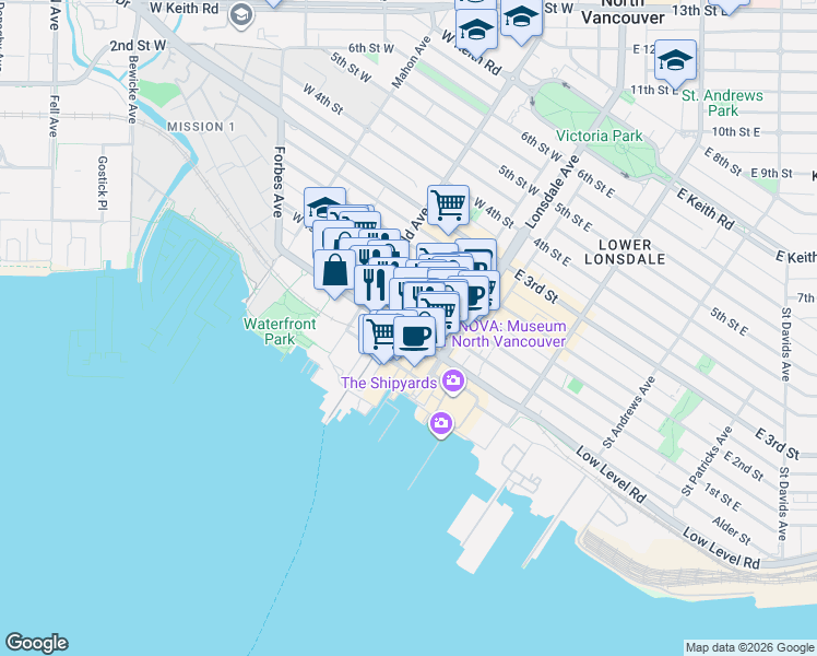 map of restaurants, bars, coffee shops, grocery stores, and more near in North Vancouver