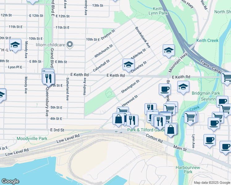 map of restaurants, bars, coffee shops, grocery stores, and more near 510 Kennard Avenue in North Vancouver