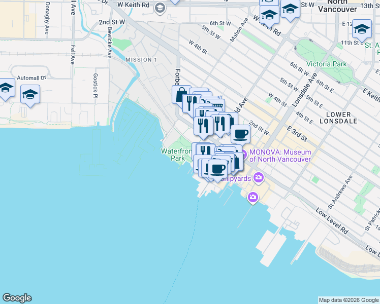 map of restaurants, bars, coffee shops, grocery stores, and more near 33 Chesterfield Place in North Vancouver